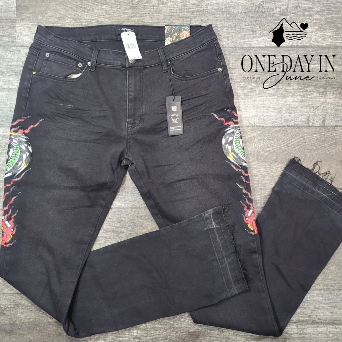 Ed Hardy Stacked Boot Jeans Black Dragon Tattoo Graphic NWT $150 Size 34 (18)