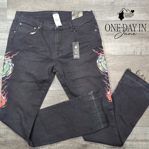 Ed Hardy Stacked Boot Jeans Black Dragon Tattoo Graphic NWT $150 Size 34 (18)