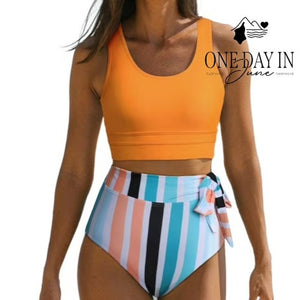 Dokotoo Orange Crop Top High Waist Striped Tie Side Bikini Swimsuit NWT Size S