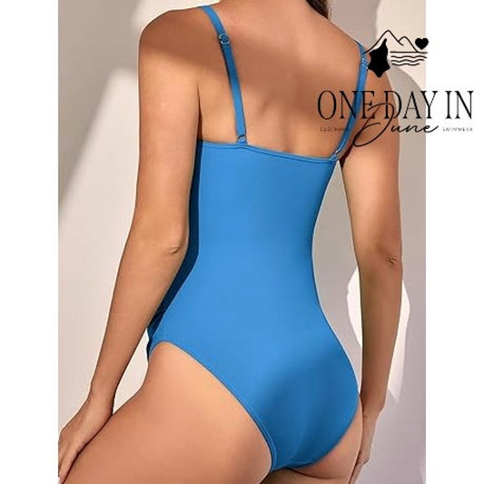 Eomenie Tummy Control One Piece Swimsuit Blue Ruched Square Neck NWT Size M