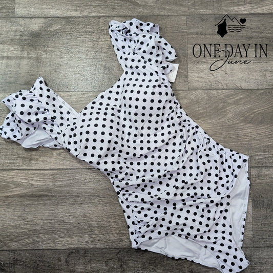 Eomenie Ruffle Shoulder Polka Dot One Piece Swimsuit Size S