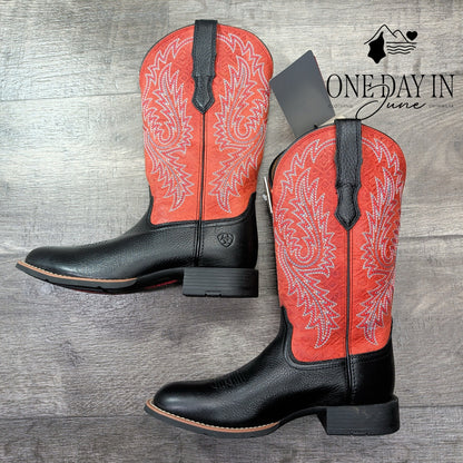 Ariat Round Up W Toe StretchFit Cowboy Boots Black Red NWT Size 7