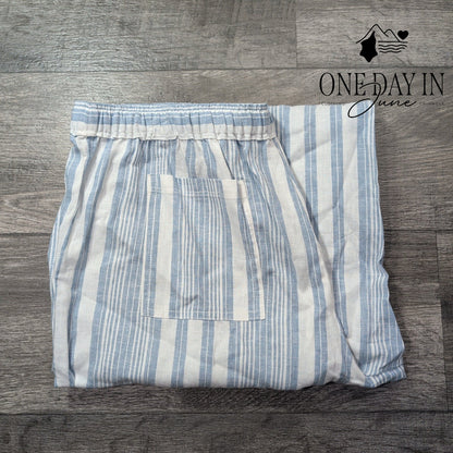 Casa Cabana Anita Cropped Linen Pants Blue White Stripe Drawstring NWT Size XL