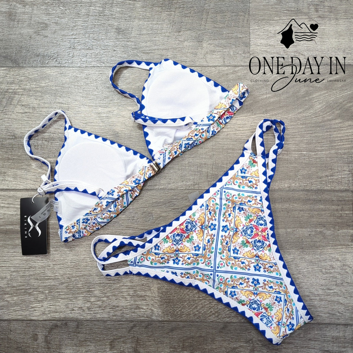 Bikinx Mediterranean Floral Triangle Cheeky Bikini Swimsuit Blue NWT Size L