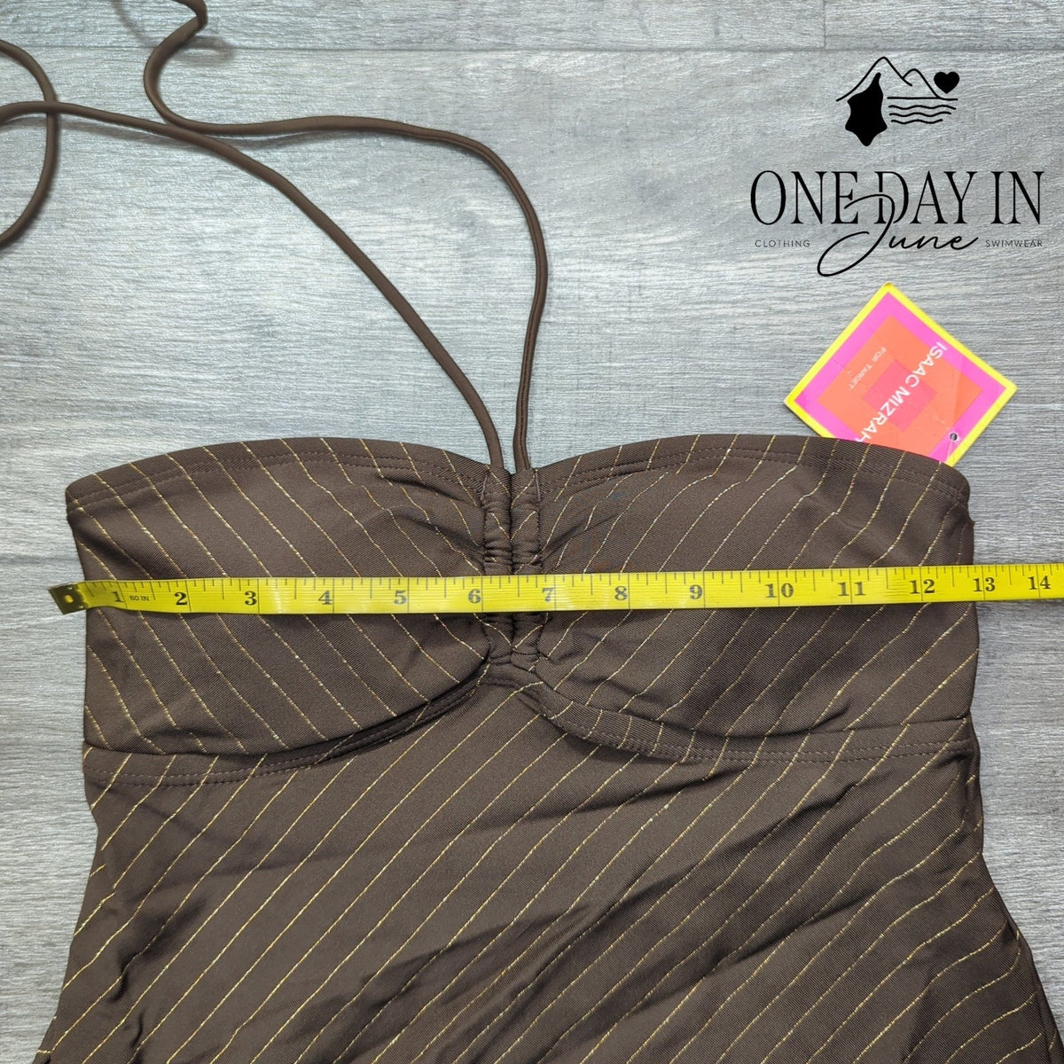 Isaac Mizrahi Halter Tankini Swim Top Brown Gold Pinstripe Padded NWT Size S