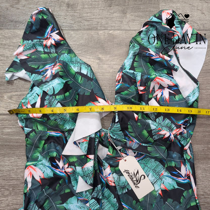 Sporlike Tropical Floral Ruffle Plunge V Neck One Piece Swimsuit NWT Size XL