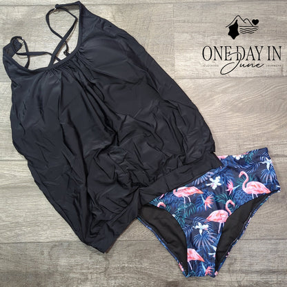 Yonique Blouson Tankini Swimsuit Black Flamingo Print NWT Size L