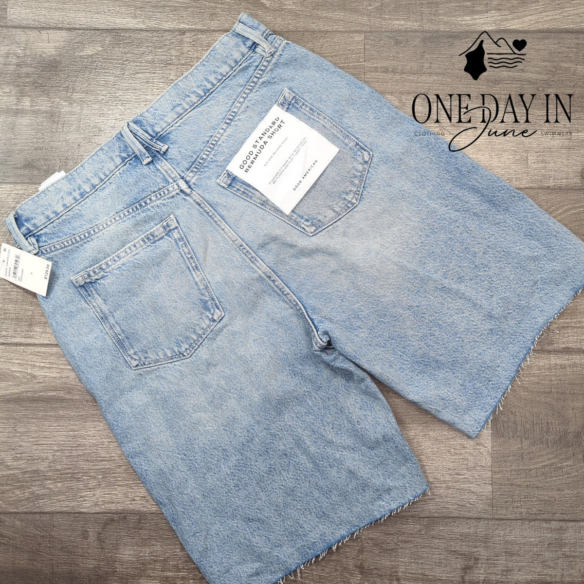 Good American Good Standard Bermuda Shorts Raw Hem Indigo NWT Size 8