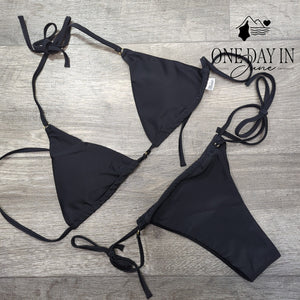 CharmLeaks Triangle Halter Tie Side Cheeky Bikini Swimsuit Black Size M