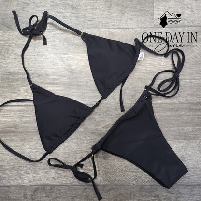 CharmLeaks Triangle Halter Tie Side Cheeky Bikini Swimsuit Black Size M