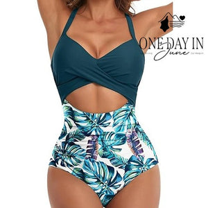 Eomenie Cross Front Cut Out Tie Back One Piece Swimsuit Tropical NWT Size L