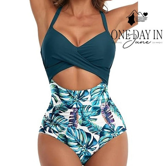 Eomenie Cross Front Cut Out Tie Back One Piece Swimsuit Tropical NWT Size L