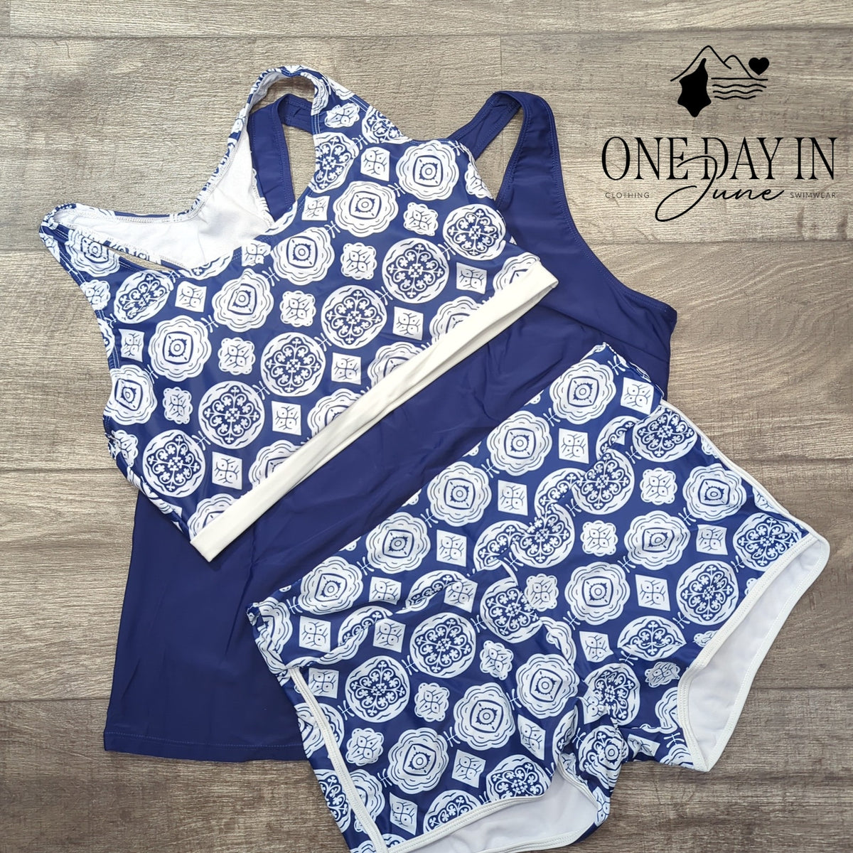 Aleumdr 3 Piece Tankini Swimsuit Navy Blue Print Boyshorts NWT Size XL
