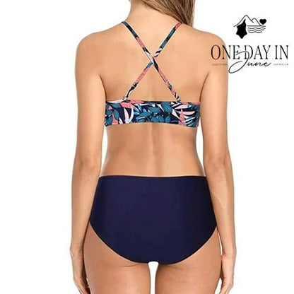 Charmo High Neck Tropical Leaf Bikini Swimsuit Navy NWT UPF 50+ Size M