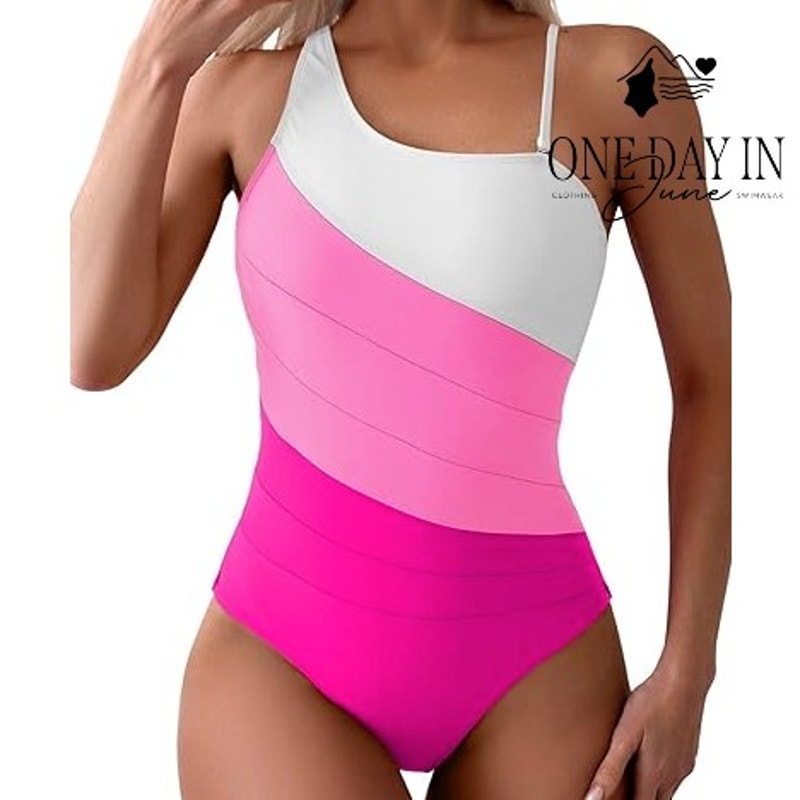 Eomenie One Shoulder One Piece Swimsuit Pink Ombre Colorblock NWT Size M