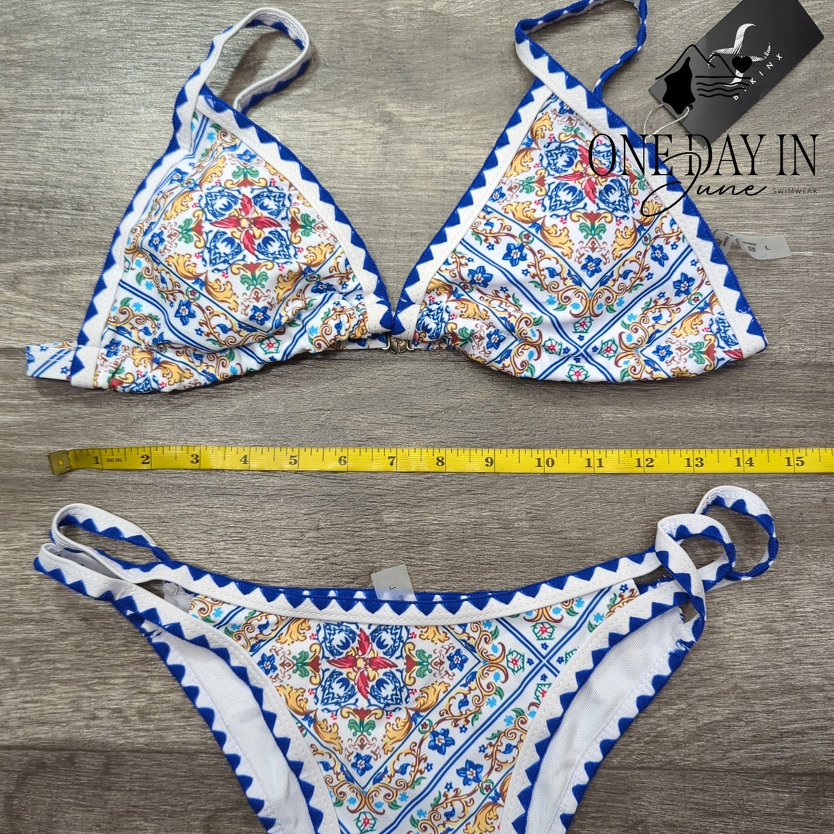 Bikinx Mediterranean Floral Triangle Cheeky Bikini Swimsuit Blue NWT Size L