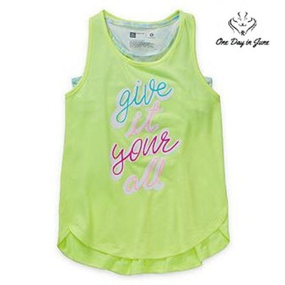 Xersion Girls 2 Piece Tank Top Set Give It Your All Neon Yellow NWT Size 7/8