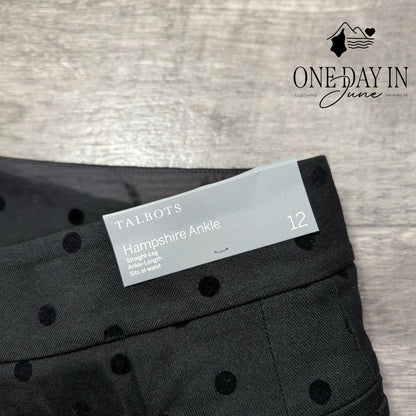 Talbots Hampshire Ankle Pants Black Flocked Polka Dot Straight Leg NWT Size 12