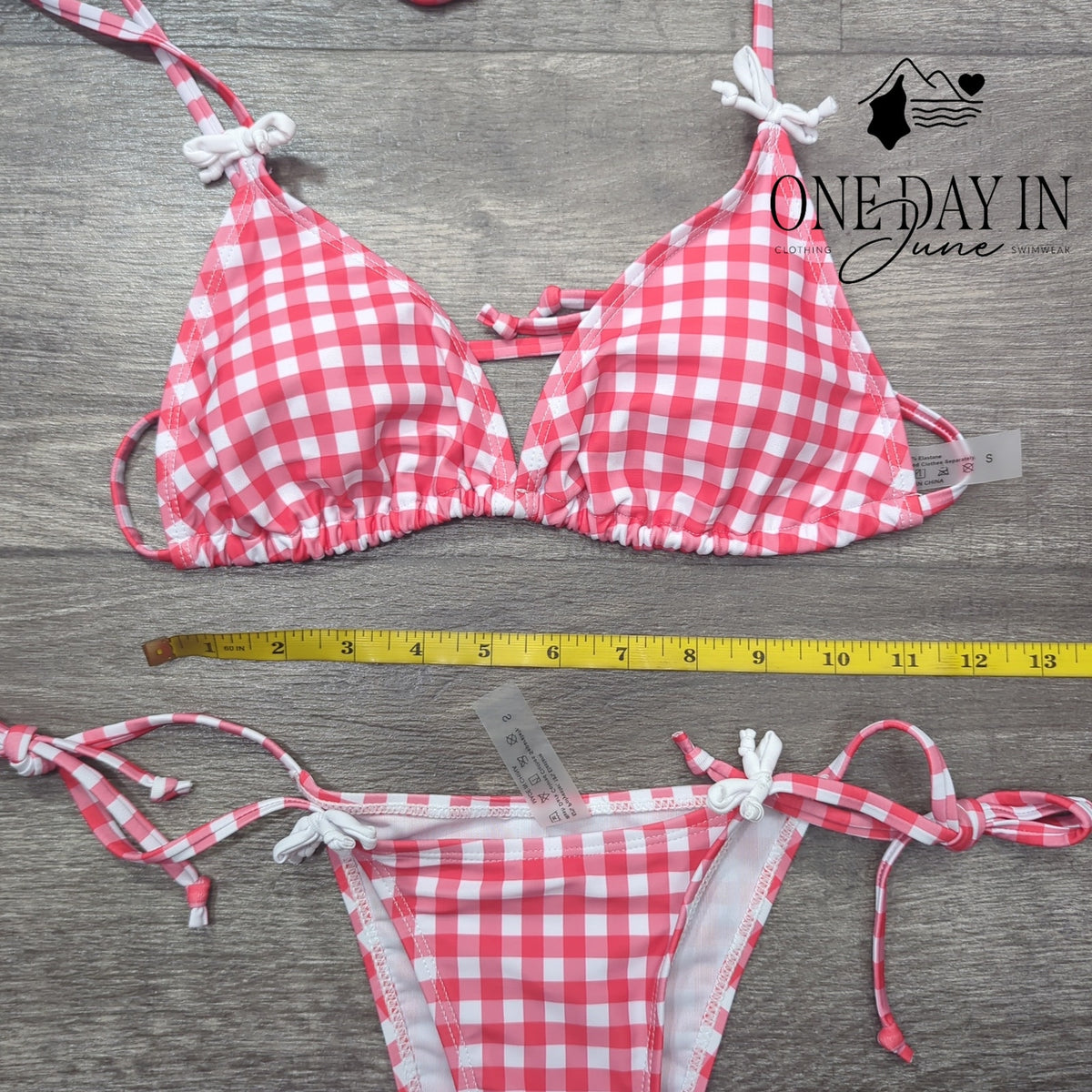 CharmLeaks Gingham Triangle Bikini Swimsuit Pink White Tie Side Size S