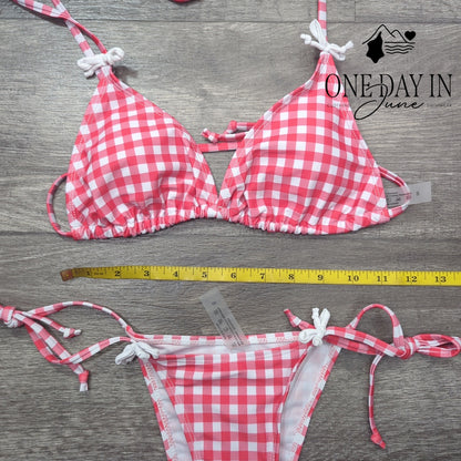 CharmLeaks Gingham Triangle Bikini Swimsuit Pink White Tie Side Size S