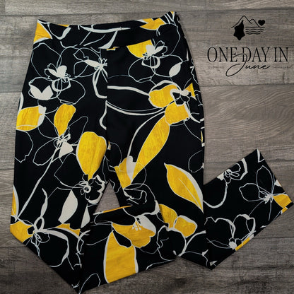Natori Slim Fit Floral Pants Black Yellow White Side Zip NWT Size 4