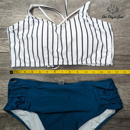 Joau Striped Lace Up Back Bikini Swimsuit Size L
