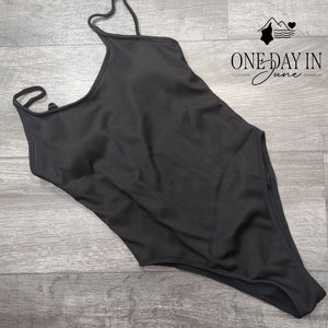Adisputent Ribbed High Cut One Piece Swimsuit Black Spaghetti Strap Size S
