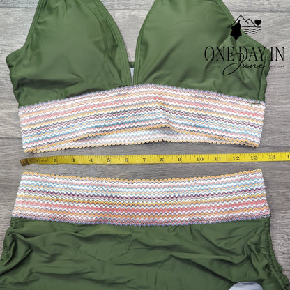 Tempt Me Olive Green Smocked High Waisted Bikini Swimsuit Side Tie NWT Size L