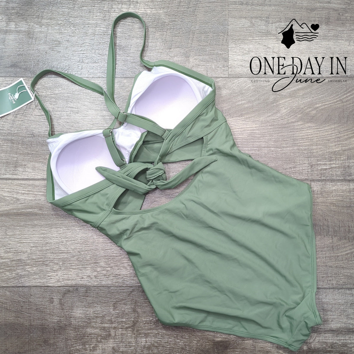Eomenie Cross Front Cut Out One Piece Swimsuit Sage Green NWT Size L