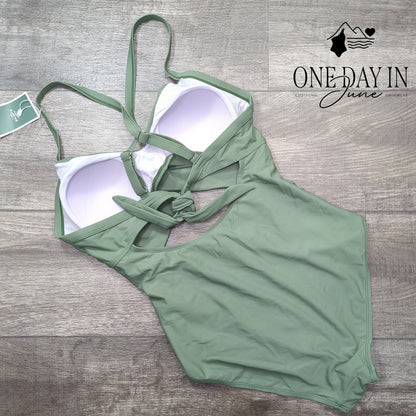 Eomenie Cross Front Cut Out One Piece Swimsuit Sage Green NWT Size L