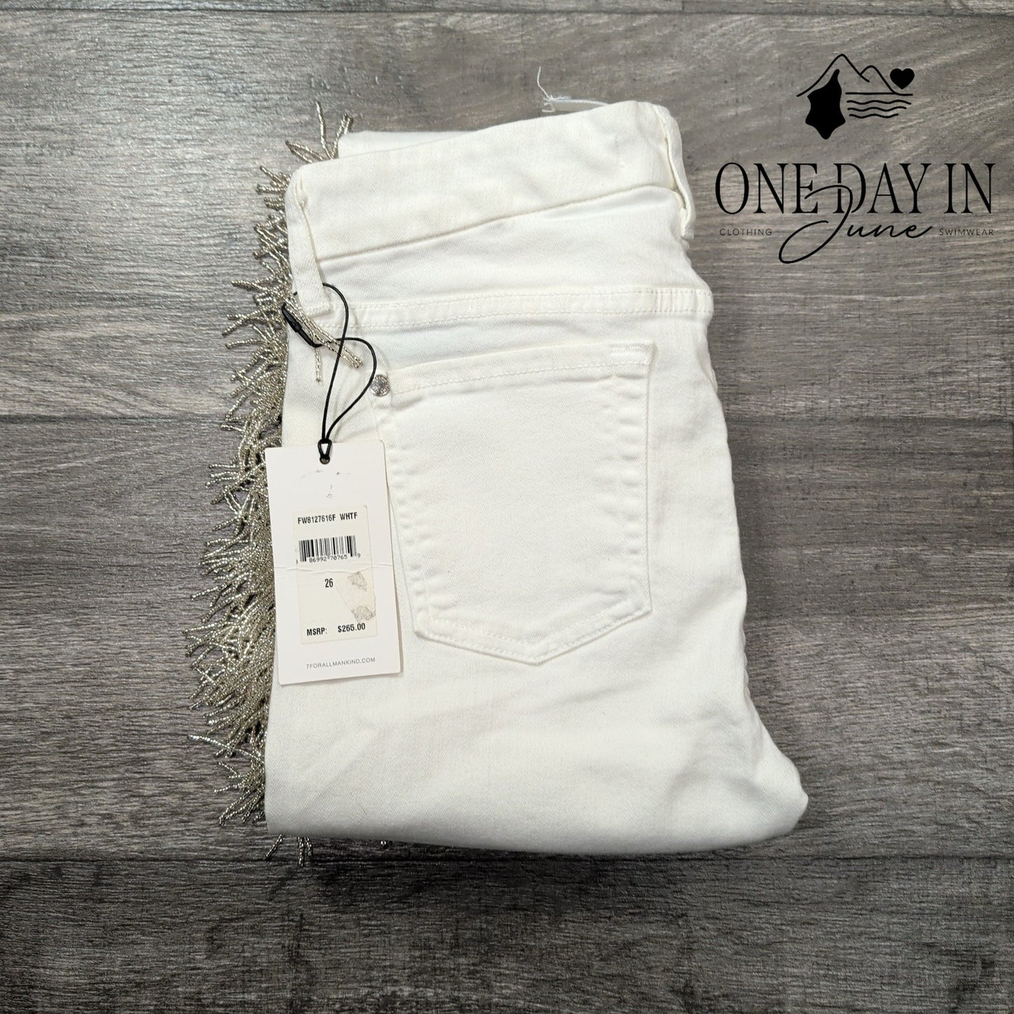 7 For All Mankind Jeans White Beaded Fringe Mid Rise Ankle Skinny NWT Size 2 (26