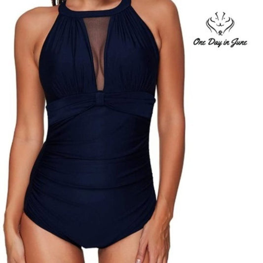 Tempt Me High Neck Plunge Mesh Ruched Monokini Size M
