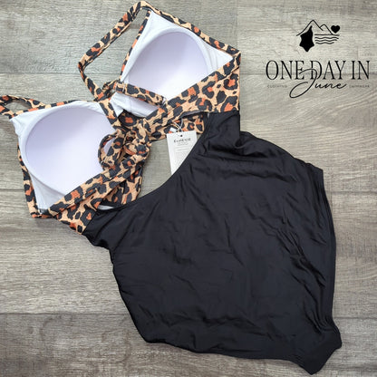 Eomenie Leopard Print Cross Front Cut Tie Back One Piece Swimsuit NWT Size XL