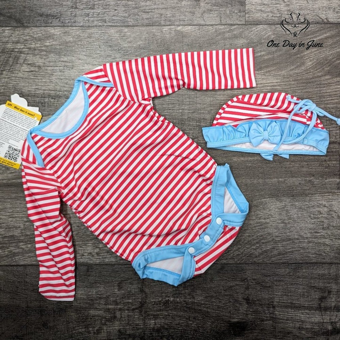 Bonverano Striped One Piece Swimsuit with Hat Size 6-9 Mths