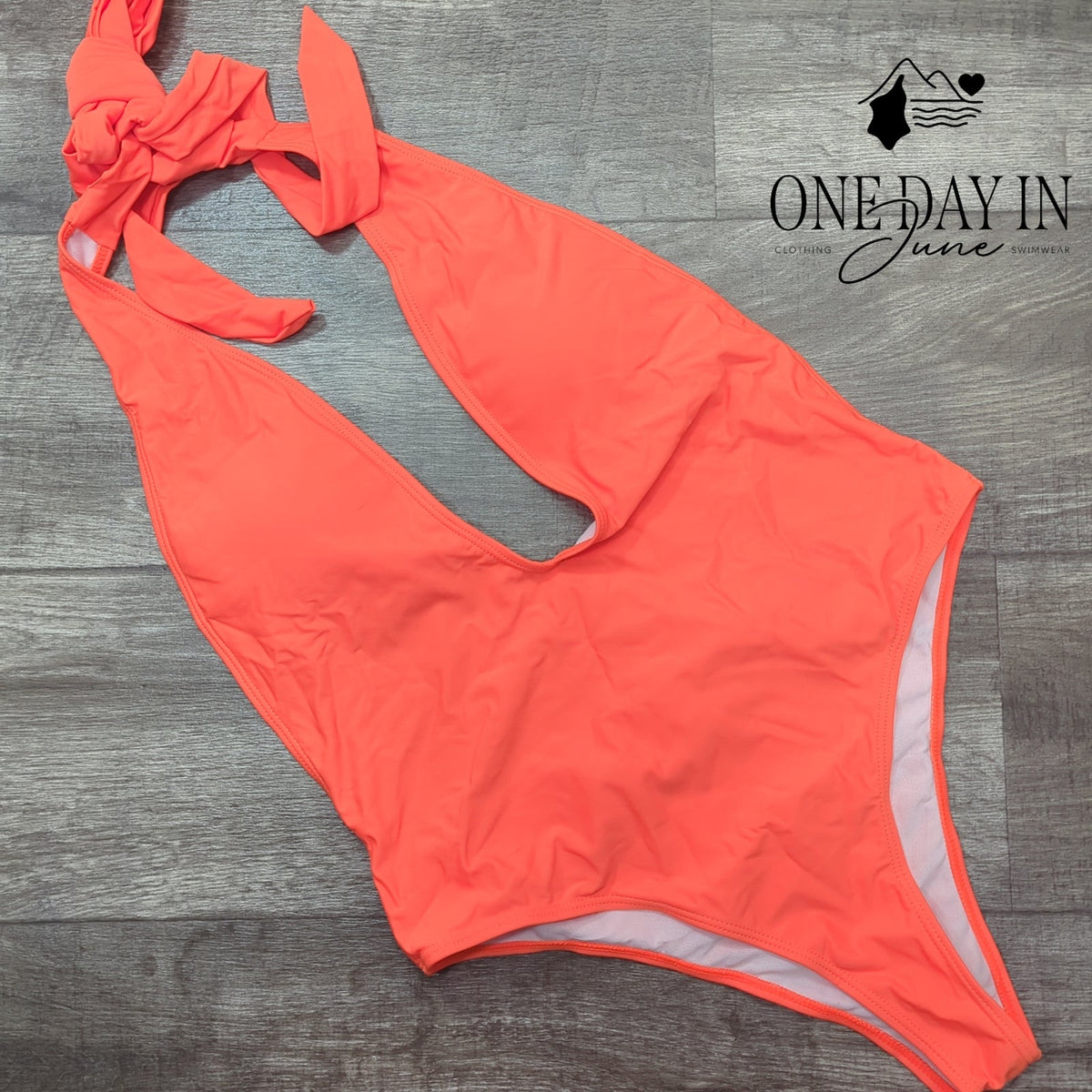 SweatyRocks Deep V Neck Tie Halter One Piece Swimsuit Coral Orange Size XL