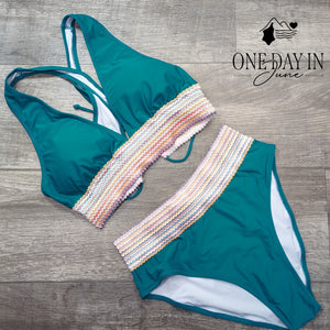 Vimpunec Teal Blue Smocked High Waisted Bikini Swimsuit 2 Piece NWT Size M