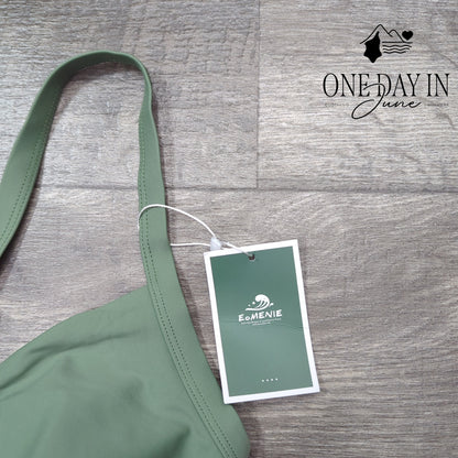 Eomenie Cross Front Cut Out One Piece Swimsuit Sage Green NWT Size L
