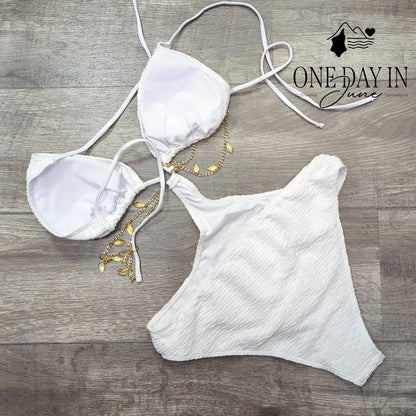 Adisputent White Gold Chain Monokini One Piece Swimsuit Cutout Size XL