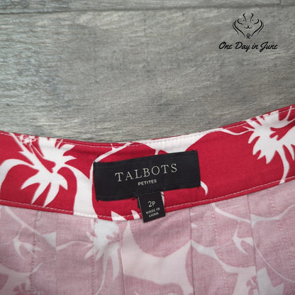 Talbots Petite Hibiscus Floral Pleated Skirt Red White Cotton Size 2P