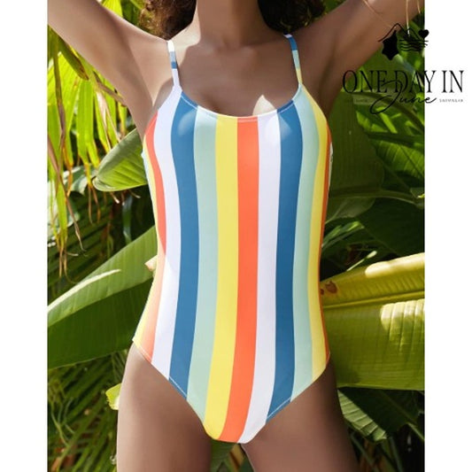 Shekini Striped One Piece Swimsuit Size L