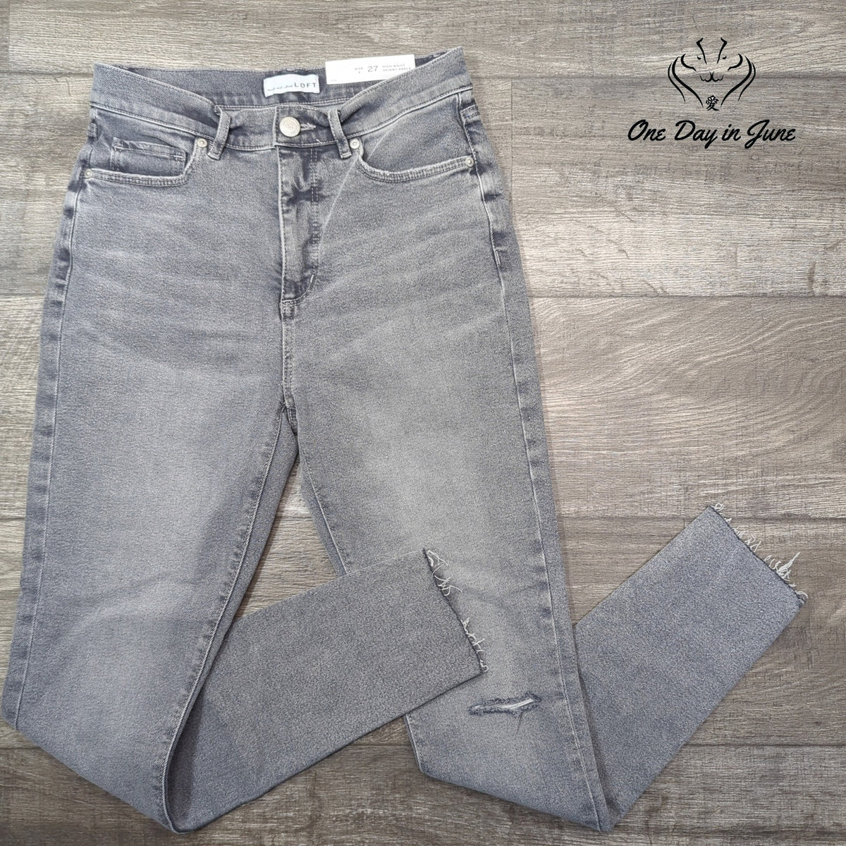 Loft High Waist Skinny Ankle Jeans Gray Distressed Raw Hem NWT Size 4