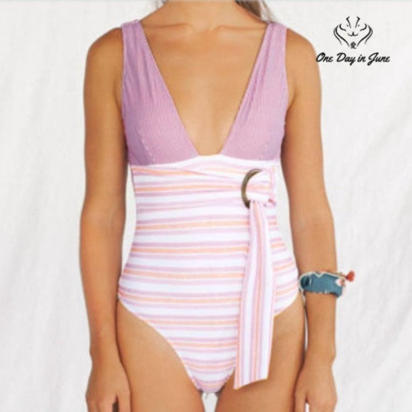 Amzbrly Striped "O" Ring Belt One Piece Swimsuit Size S