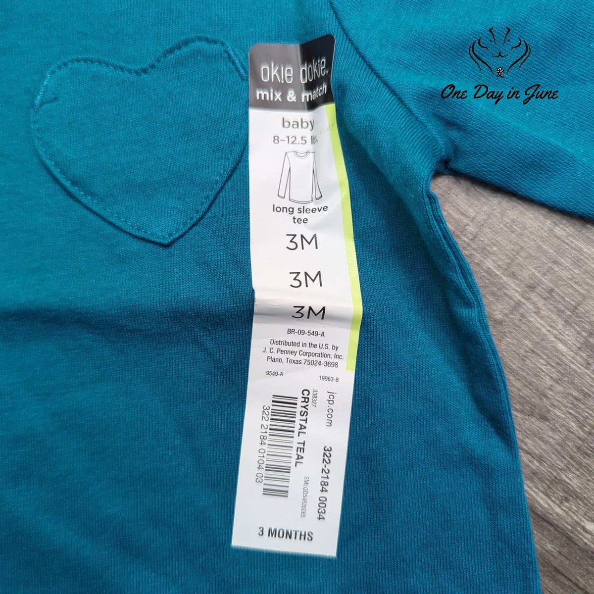 Okie Dokie Baby Long Sleeve Tee Crystal Teal Heart Pocket NWT Size 3M