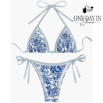 CharmLeaks Blue White Floral Paisley Triangle Tie Side Bikini Swimsuit Size M