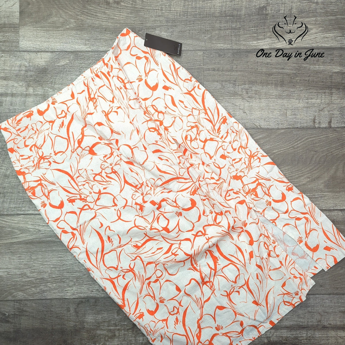 Rafaella Linen Blend Floral Pull On Midi Skirt Orange White NWT $79 Size L