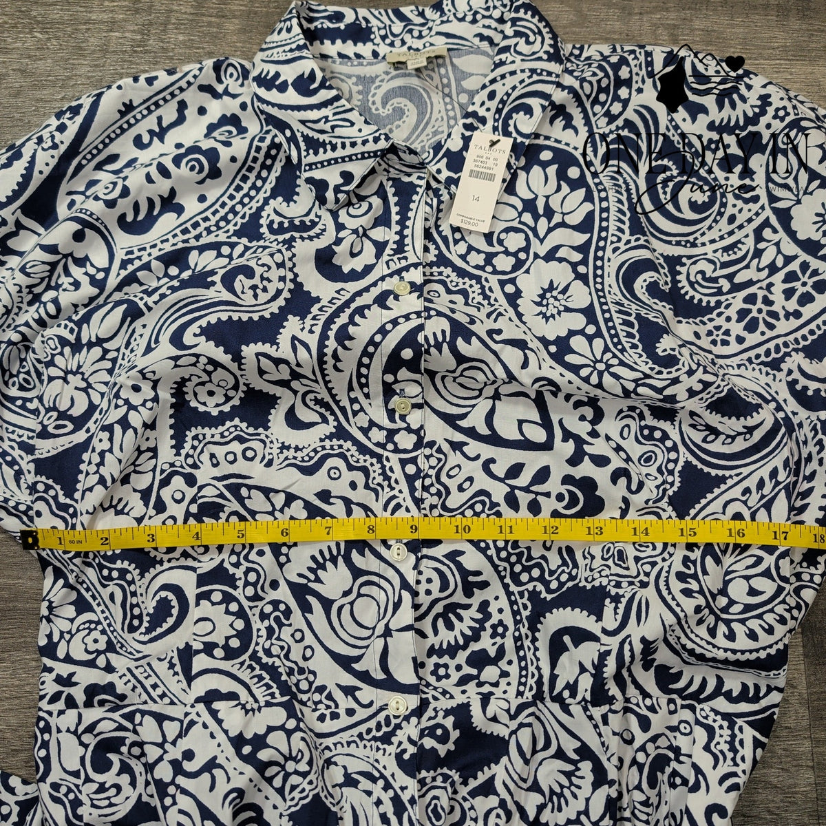 Talbots Paisley Button Front Belted Midi Shirtdress Navy White NWT Size 14