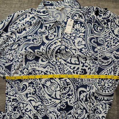 Talbots Paisley Button Front Belted Midi Shirtdress Navy White NWT Size 14
