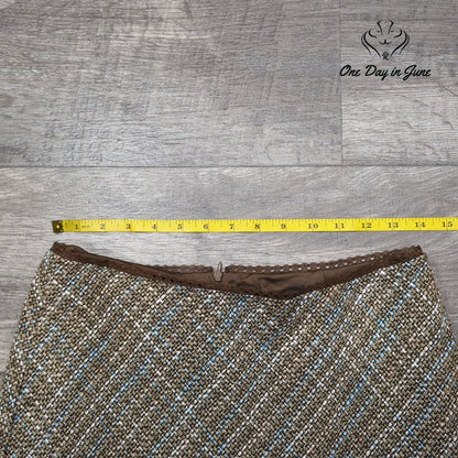 B. Moss Clothing Company Tweed Pencil Skirt Brown Blue Fringe Vintage Y2K Size 6