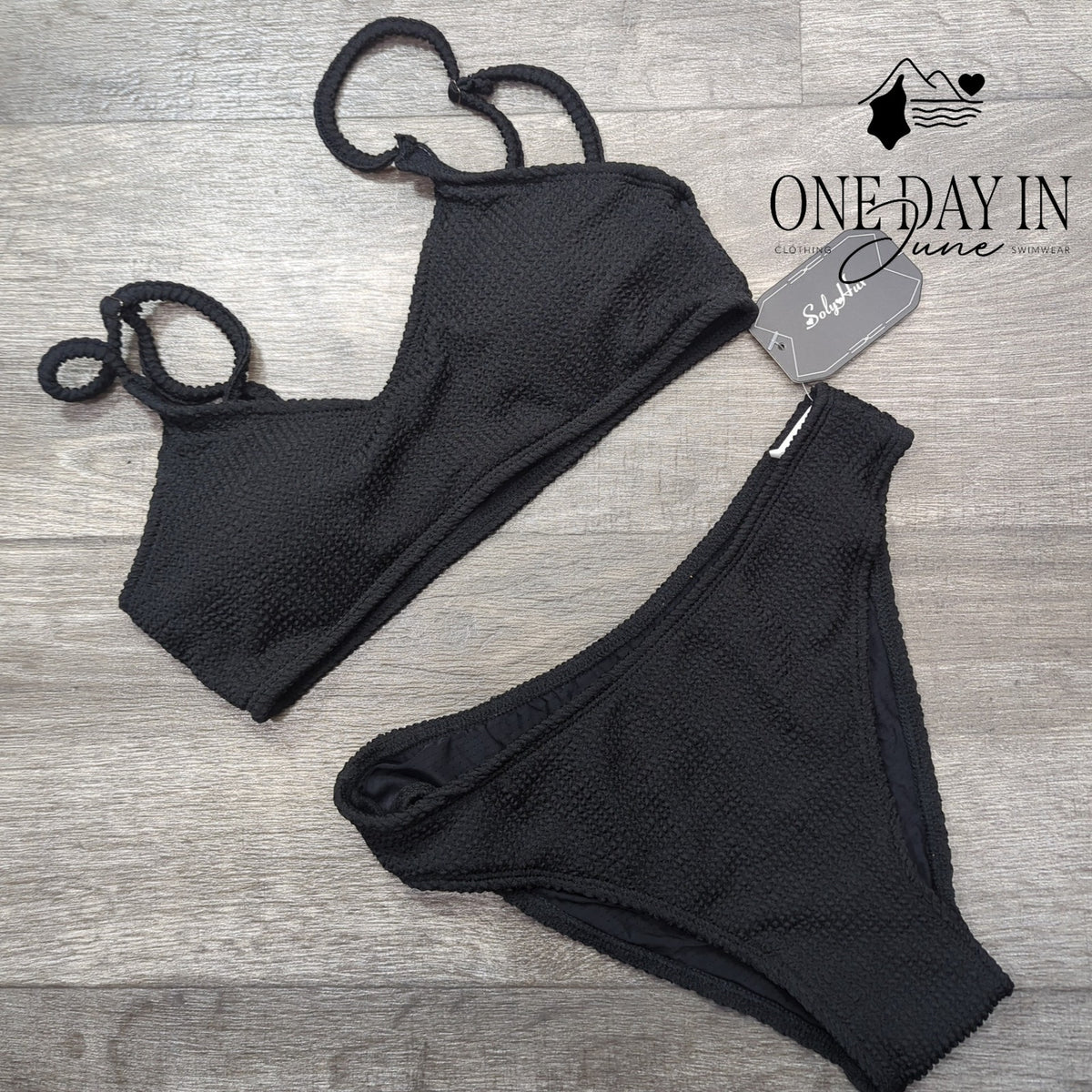 Soly Hux Black Smocked Textured Crop Bikini 2 Piece Swimsuit NWT Size XS