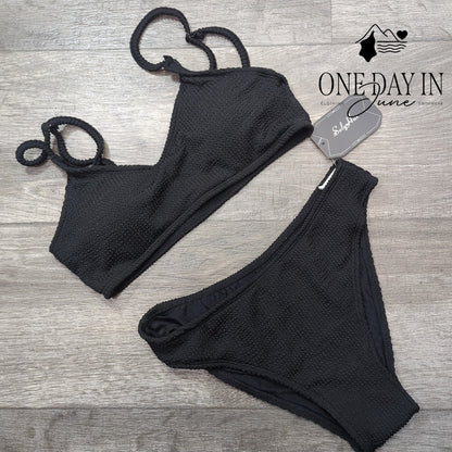Soly Hux Black Smocked Textured Crop Bikini 2 Piece Swimsuit NWT Size XS